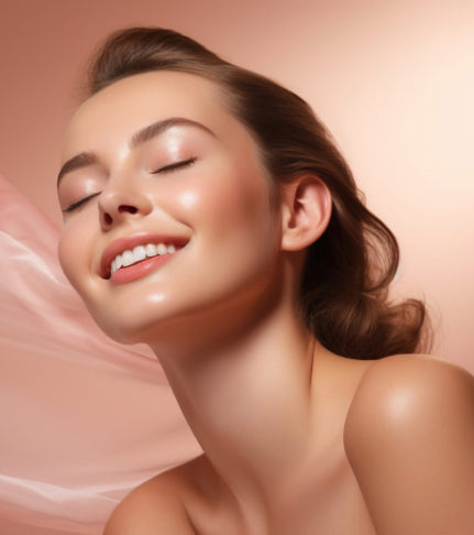 A woman's bare shoulders and wavy hair against a peach backdrop, with her face obscured by a blur.