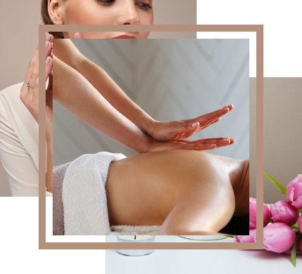 Close-up of a person receiving a relaxing back massage, with hands gently applying pressure. The scene includes soft pink flowers and a serene spa environment in the background.